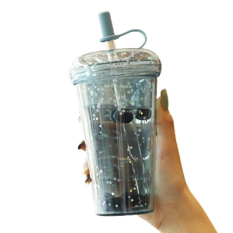 2022 420ml 재사용 가능한 스파클링 반짝이 컵 뚜껑 짚 투명 스팽글 물병 귀여운 플라스틱 더블 레이어 음료 차